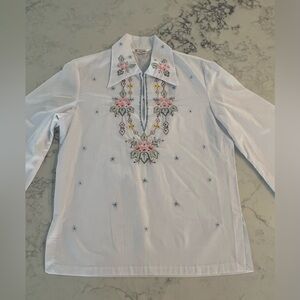 Vintage Daffodil 70s Embroidered Floral Blouse Medium Top EUC